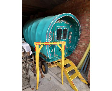 HALF-SIZE BOW TOP CARAVAN, a charming, half-scale gypsy caravan with a canvas roof, painted in a greenish-blue hue with yello