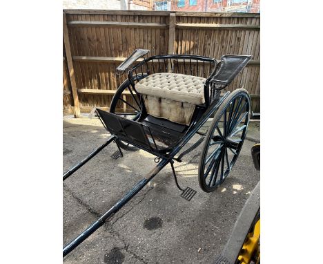 SMALL STICK BACK GIG by Perry &amp; Co of Bristol and Cardiff, painted blue with light blue lines, beige cloth cushion seatin
