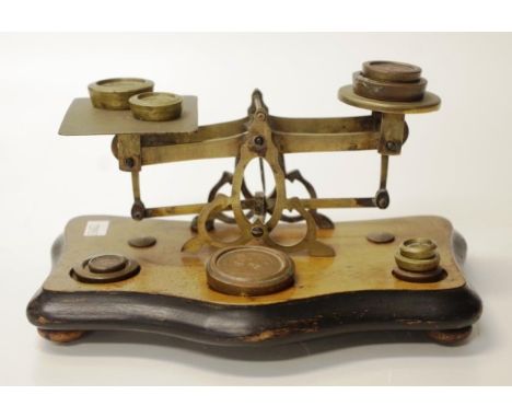 Antique postal scales with weights, 21cm x 12cm, 11cm high approx