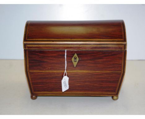 Late Georgian  Australian casuarina tea caddy c1810s, with inlaid details, on brass ball feet and vaulted top, 19cm long x 10