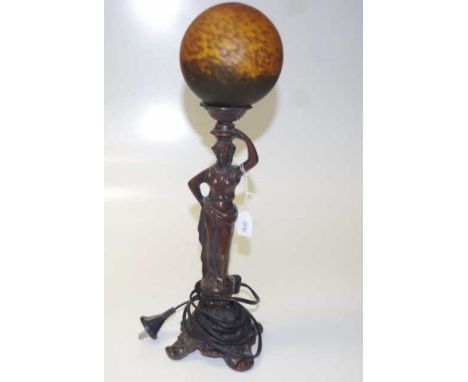 Early metal figural electric lamp base &amp; shade standing figural base, with spherical glass shade, electric powered, (heig