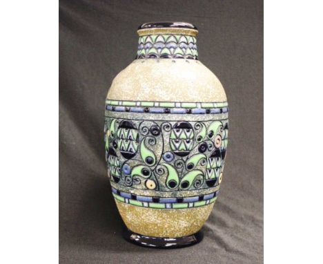 Large Austrian 'Amphora' ceramic table vase inscribed geometric decoration, marked to base, (height 34cm approx).