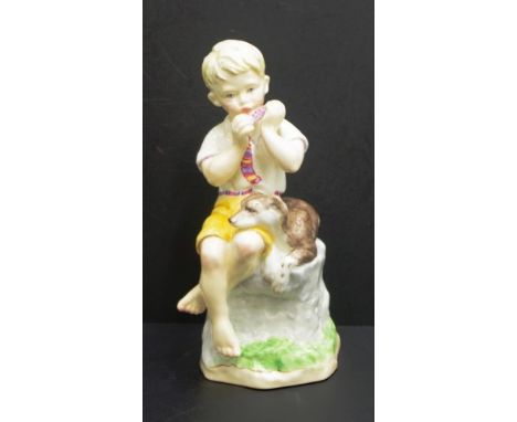 Royal Worcester "June" figurine #3456, a young boy playing the harmonica with a dog on his lap, modelled by F.G. Doughty, hei