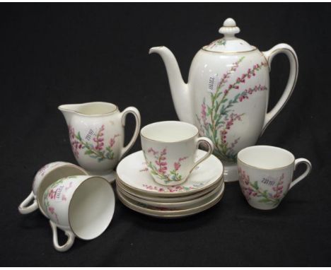 Royal Doulton "Bell Heather" part coffee set comprising a coffee pot (crack to handle), 4 cups, 5 saucers, and a milk jug (cr