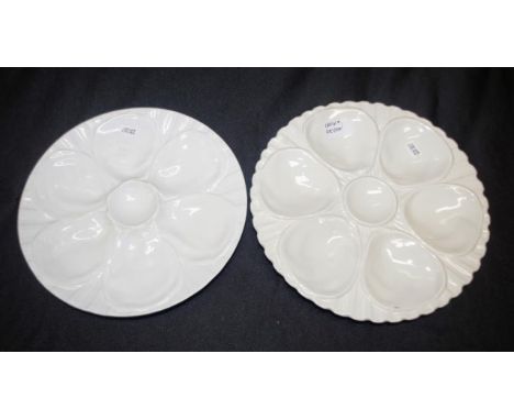 White Crown Devon ceramic oyster plate segmented for 6 oyster shells, with central sauce reservoir, (diameter 24cm approx); t