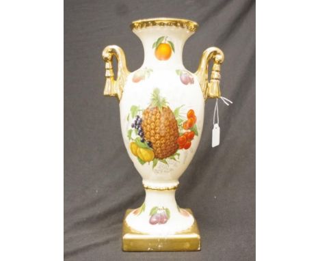 Staffordshire painted ceramic mantel vase painted fruit decoration, dual handles, to footed base, (height 31cm approx).