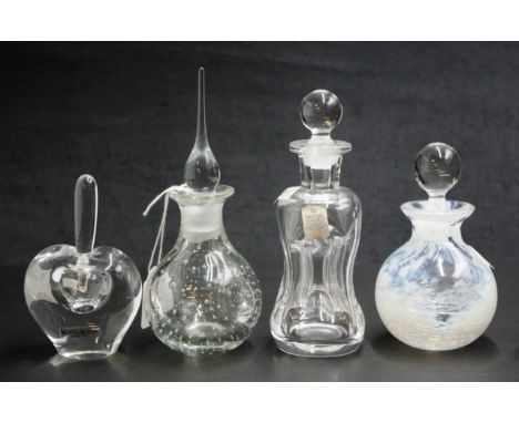 Four various glass perfume bottles to include HolmeGaard, Caithness type, Kosta Boda and another tallest approx 14cm.