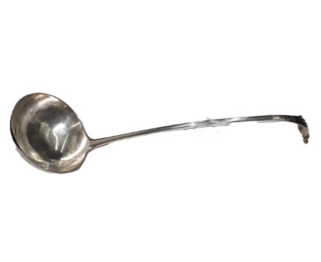 George III sterling silver soup ladle date hallmarks rubbed, (possibly 1770s), maker's name 'WP,' (possibly William Pinder), 