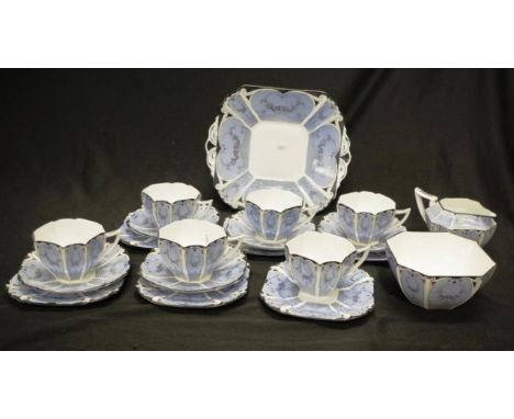 Art Deco twenty piece Shelley Queen Anne teaset pattern: blue garden of flowers, comprising 6 cups, 5 saucers, 6 side plates,