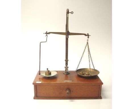 Antique balance scales with weights, 28.5cm x 15cm, 37cm high approx