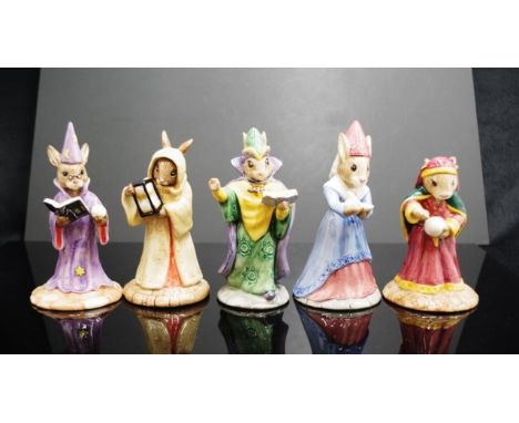 Five Royal Doulton Mystic / Time Bunnykins DB168 Wizard, DB197 Mystic, DB213 Sundial (Bunnykins of the year 2000), DB218 Fort