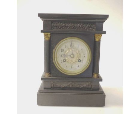 Antique slate cased French mantle clock architectural style, marked for maker A.B. Mougin, Paris, circa 1880s, with paper lab