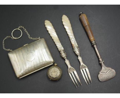 Group early silver &amp; plated pieces including: pair Mother of Pearl handle fruit forks, each with sterling silver decorati