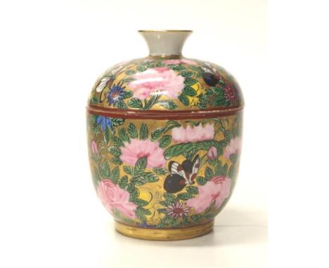 Chinese painted lidded ceramic bowl lidded ceramic bowl, painted blossom and butterfly decoration, (chip to lid handle), (hei