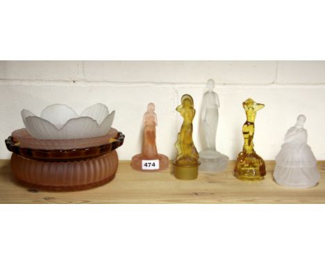 Five Art Deco glass centre piece figures with four glass bowls and a black glass stand.