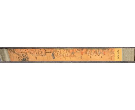 A long Chinese silk mounted scroll of court scenes, 29 x 352cm.