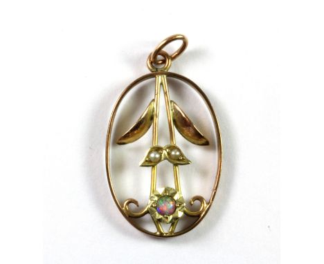 An Edwardian 9ct yellow gold opal and seed pearl set pendant.