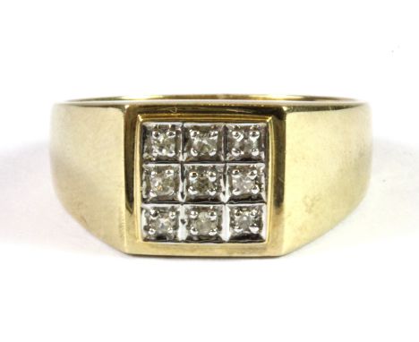 A gentleman's 9ct yellow gold diamond set signet ring (R).