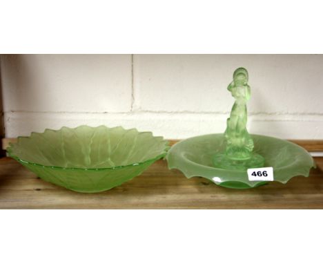 An Art Deco green frosted glass flower arranger figure with two glass bowls.