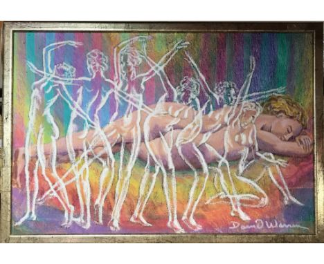 David Warren (contemporary British) oil stick painting on linen entitled 'Dancer Dreams' 1993. framed size 44 x 64cms.