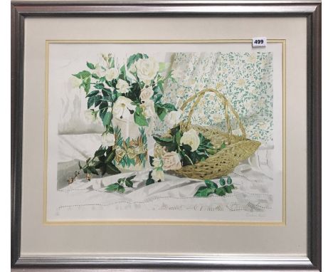 Rosalind Forster, framed limited edition lithograph 58/150 entitled "Basket of roses". Framed size 85x66cms. Prov. Christies 