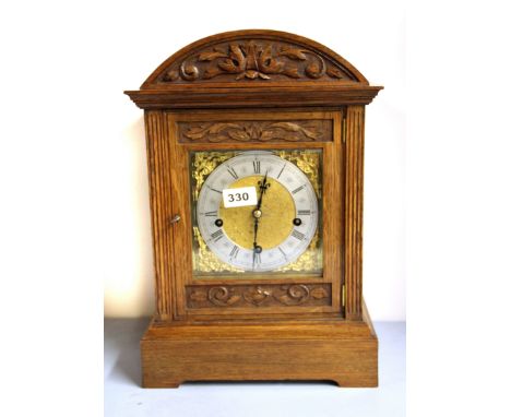 A 19th century oak cased full Westminster chiming bracket clock. H. 42cms. W/O. Prov. Swan Cottage, Thundersley, Essex.