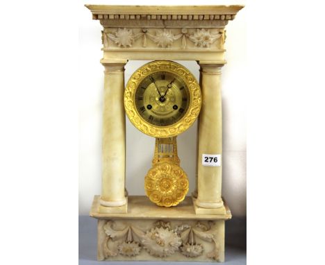 A 19th century alabaster cased portico clock with working French gilt movement. H. 46cms. Prov. Swan Cottage, Thundersley, Es