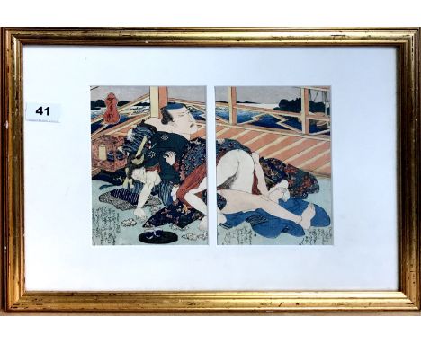 A gilt framed Japanese erotic woodblock print / shunga, 45 x 31cm.