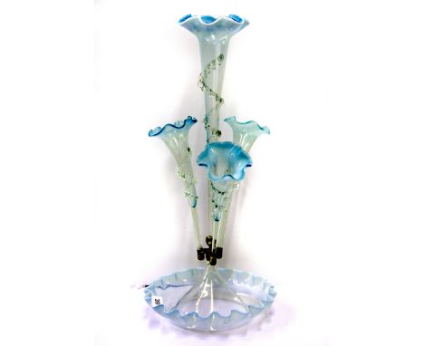 A 19th century blue opaline glass four branch epergne, H. 58cm.