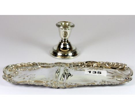 A hallmarked silver Art Nouveau style tray together with a hallmarked silver candlestick.