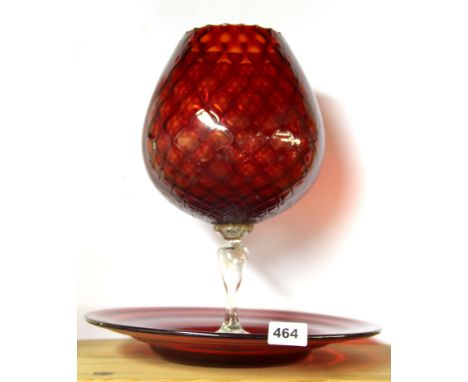 A ruby glass dish and large brandy glass.