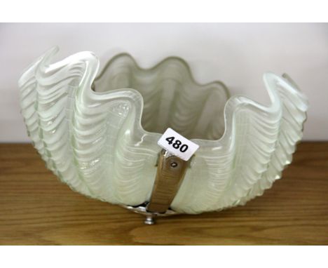 An Art Deco Odeon type chrome and light green glass shell ceiling light.
