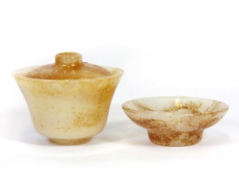 A lovely Chinese white jade tea bowl stand and cover, H. 9cms.