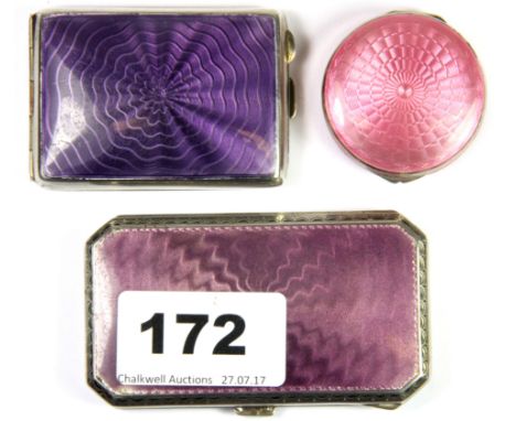 A pretty enamelled hallmarked silver pill box, with an enamelled silver lady's cigarette case and match case. c. 1926.