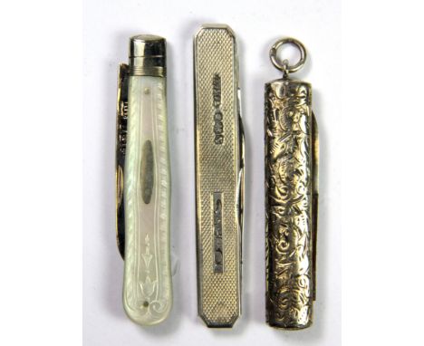 A hallmarked silver covered pocket knife with carrying ring, a further silver pocket knife and a silver and mother of pearl f