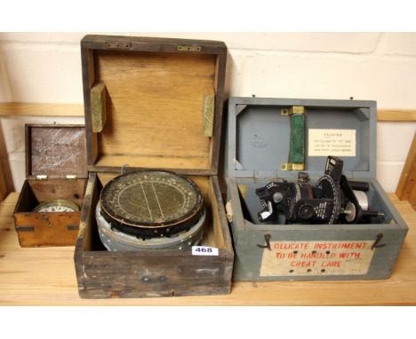 A boxed naval compass, a small compass and an Astro field compass MK II.