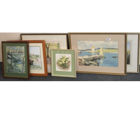 A gilt framed print by Frank Sherwin, a framed watercolour by Aelian Williams and four further watercolours