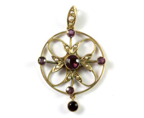 A Victorian 9ct yellow gold amethyst and seed pearl set pendant.