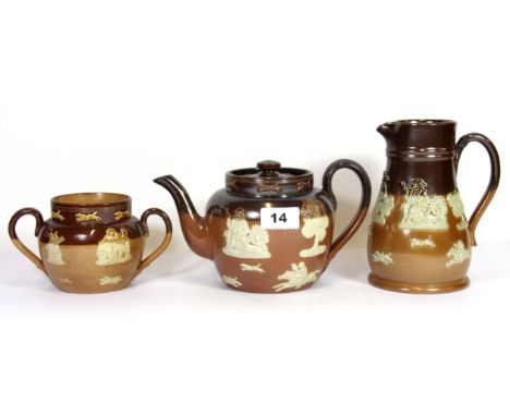 A Royal Doulton stoneware teapot, sugar bowl and large milk jug.