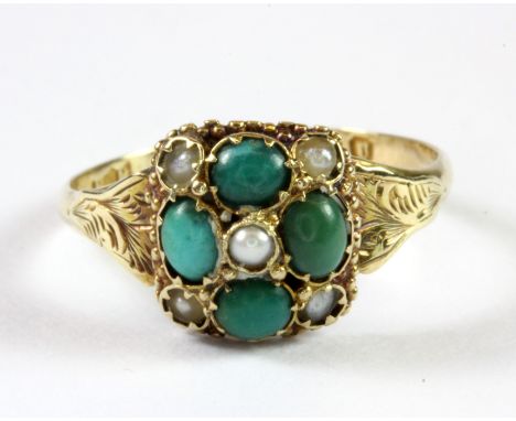 A Victorian 12ct yellow gold turquoise and seed pearl set ring (O).