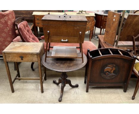 An oak umbrella stand together with a tripod table, sewing cabinet and side cabinet 