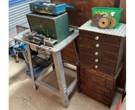 A large pillar drill (Sold for parts only), together with a cast iron stand, two tool cabinets and other tools etc 