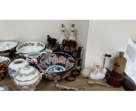 A Japanese Imari bowl together with pottery and glass bowls, copper lustre jugs, Poole pottery dish, piano baby etc 