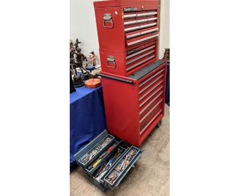 Clarke HD Plus tool boxes with sliding drawers together with assorted tools and another toolbox and a lamp