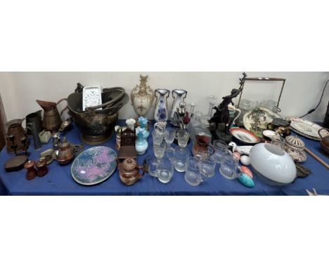 A large lot including a copper coal scuttle, floral decorated twin handled vase,  brass and copper wares, Doulton Harvestware