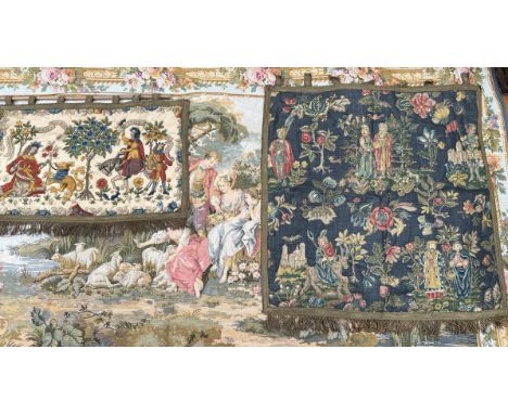 A Belgian tapestry wall hanging together with two smaller wall hangings