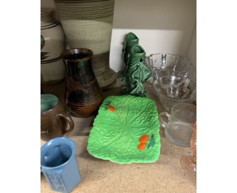 A Poole pottery vase together with assorted studio pottery, Delft vases, glasswares, scarves, horseshoes, cat figures etc 