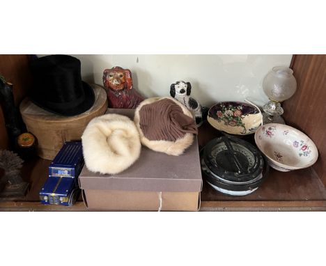 A boxed top hat together with two fur hats, Staffordshire dogs, a C Plath of Hamburg compass, bowls, corn stook door stop etc