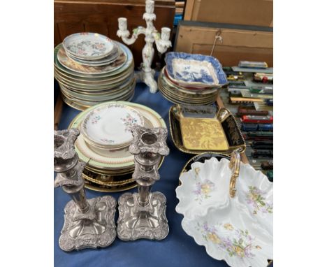 A pair of electroplated candlesticks together with assorted collectors plates, continental candlestick etc 