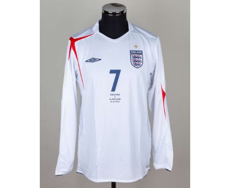 David Beckham white No.7 England v. Northern Ireland match issued long-sleeved shirt, 2005, Umbro, L, with v-neck collar and 